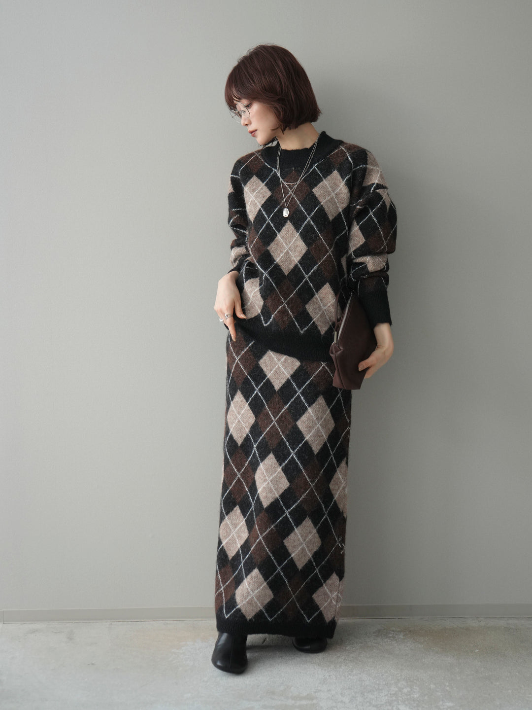 [SET]アーガイルニットプルオーバー&ロングスカートSET UP+選べるアクセセット(2set)