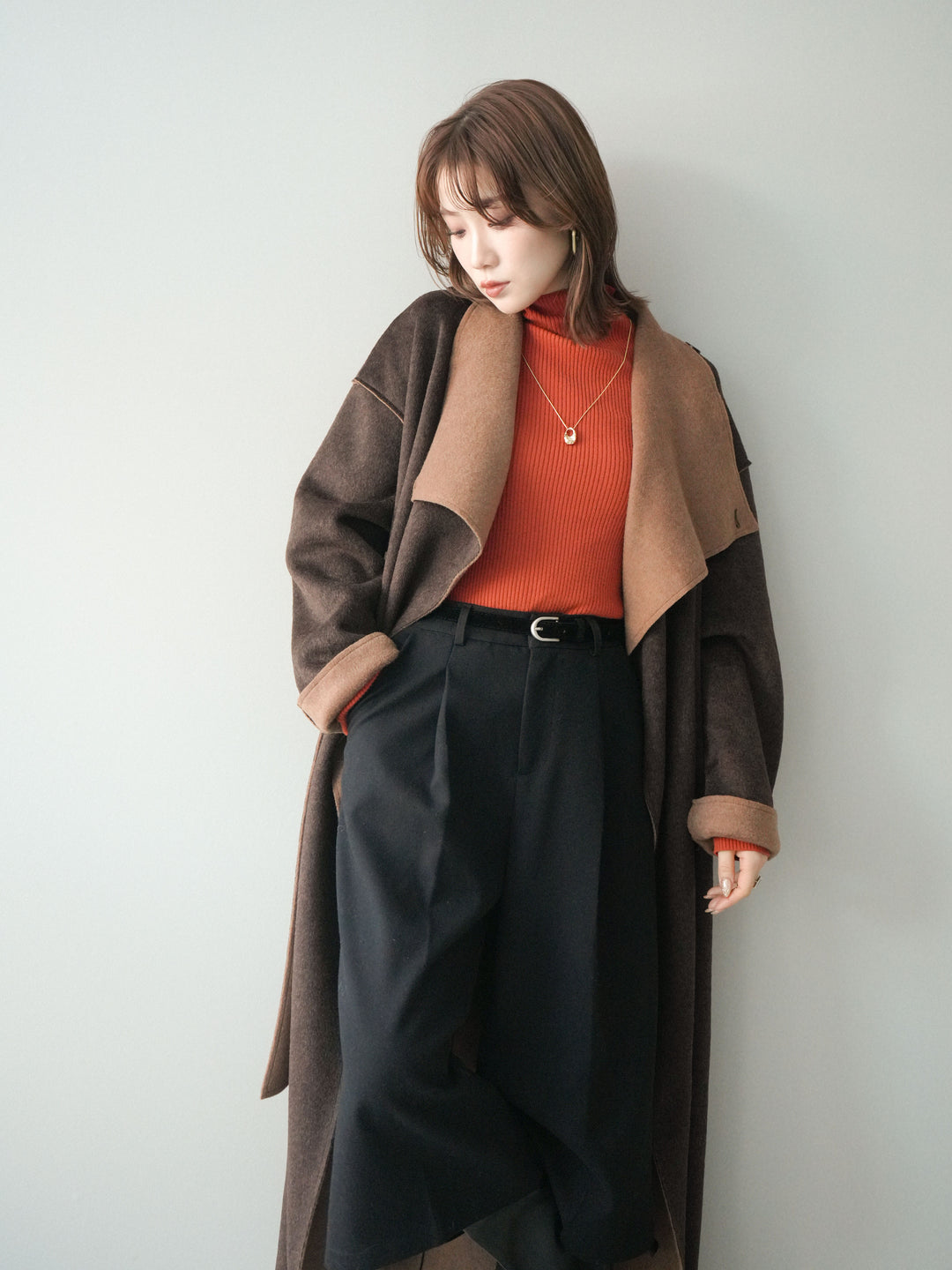 [予約]ダブルフェイスバイカラーロングコート/brown