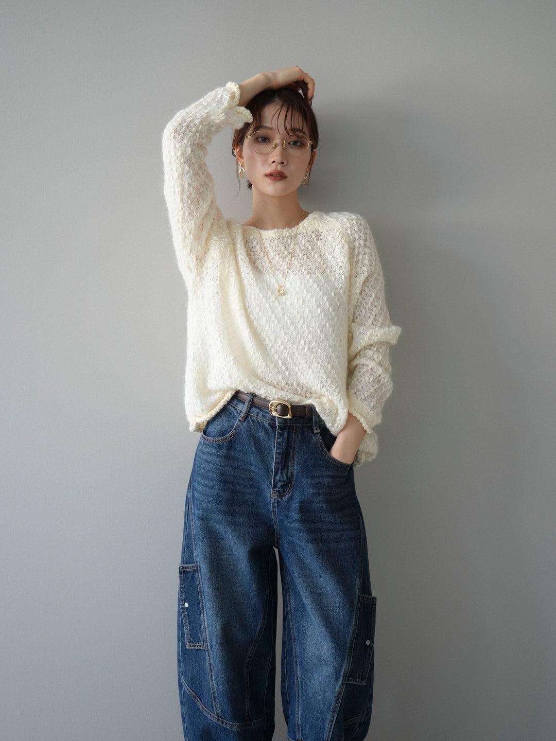 [予約]透かし編みモヘアタッチポコポコニットプルオーバー/ivory