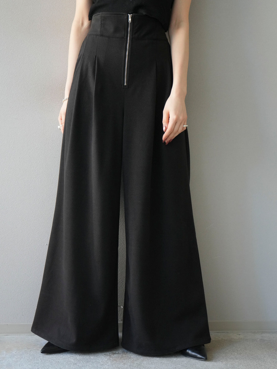 [予約]ウールタッチフロントジップパンツ/black