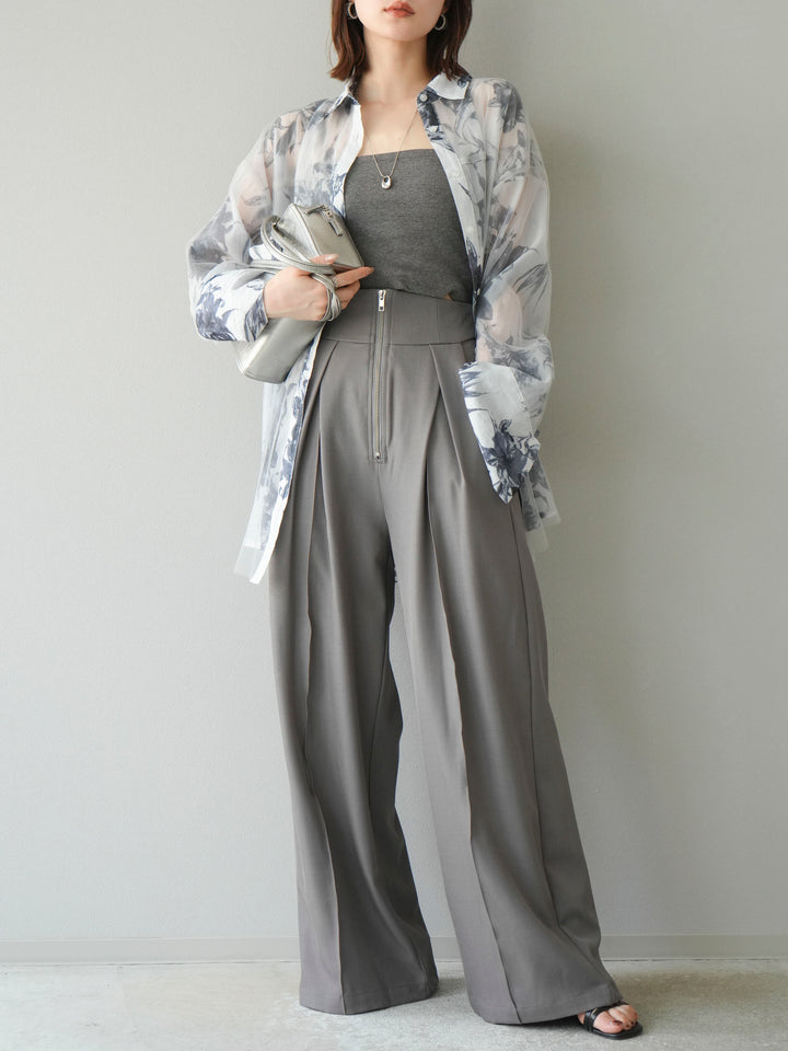 [予約]チュールドッキングフラワー柄オーバーサイズシャツ/グレー