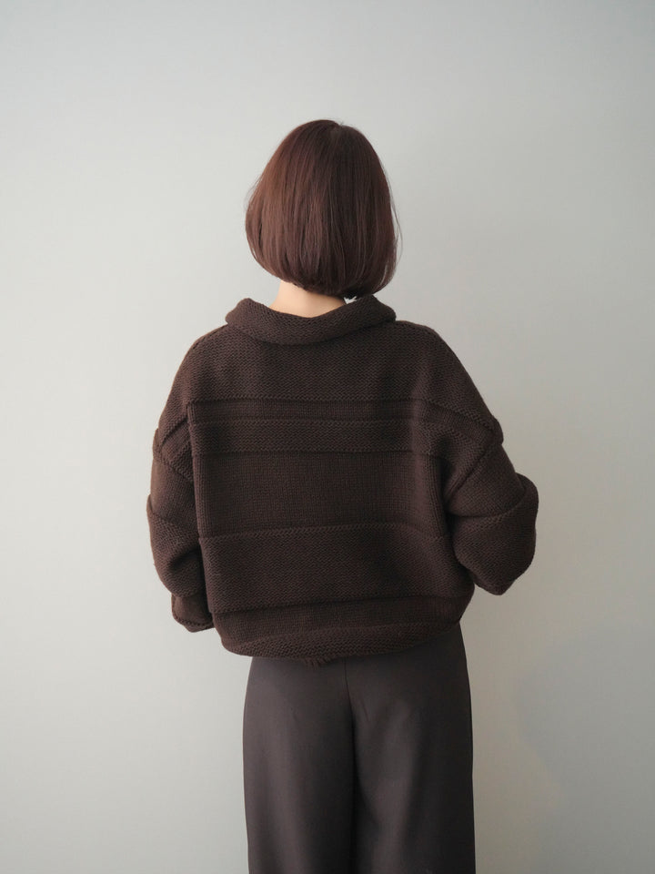 [SET]襟付きボーダー編みニットプルオーバー+ベルトループデザインワイドパンツ(2set)