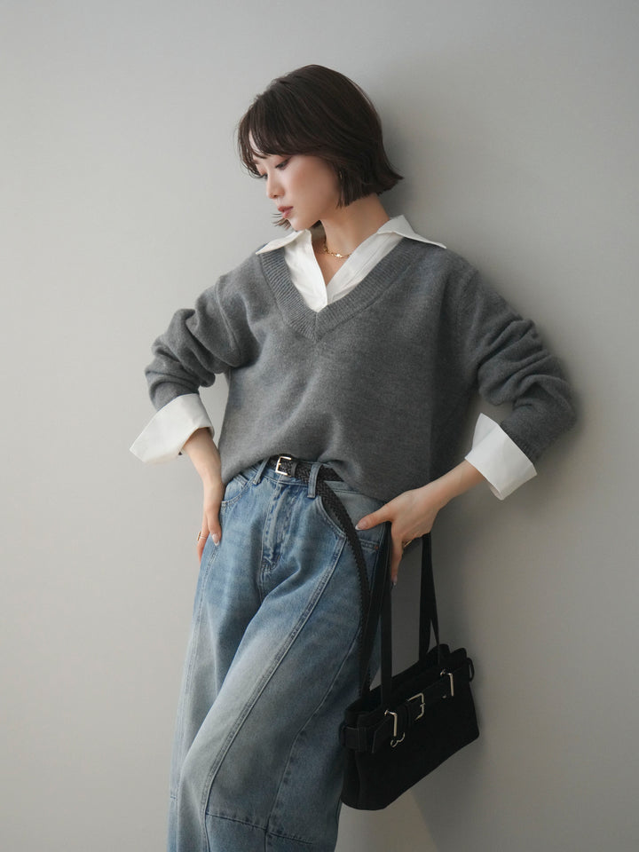 [予約]シャツドッキングVネックニットトップス/gray