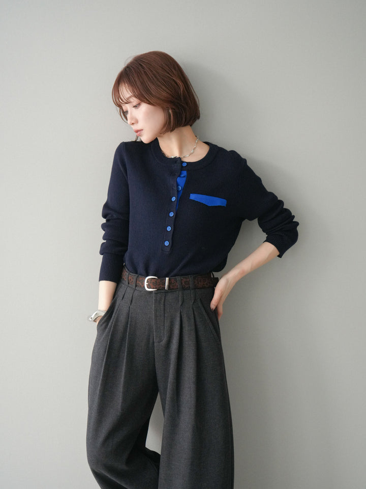 [SET]バイカラーデザインポケット配色ヘンリーネックニットソー+アニマル柄ベルト付きウールタッチワイドパンツ(2set)