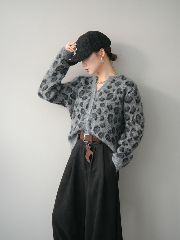 [SET]モヘアタッチレオパード柄ニットカーディガン+モチーフベルト付スエードタックワイドパンツ(2set)