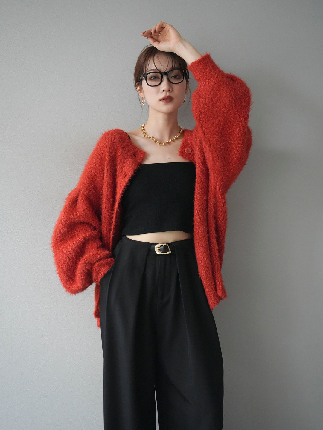 [予約]クルーネックランダムシャギーカーディガン/レッド