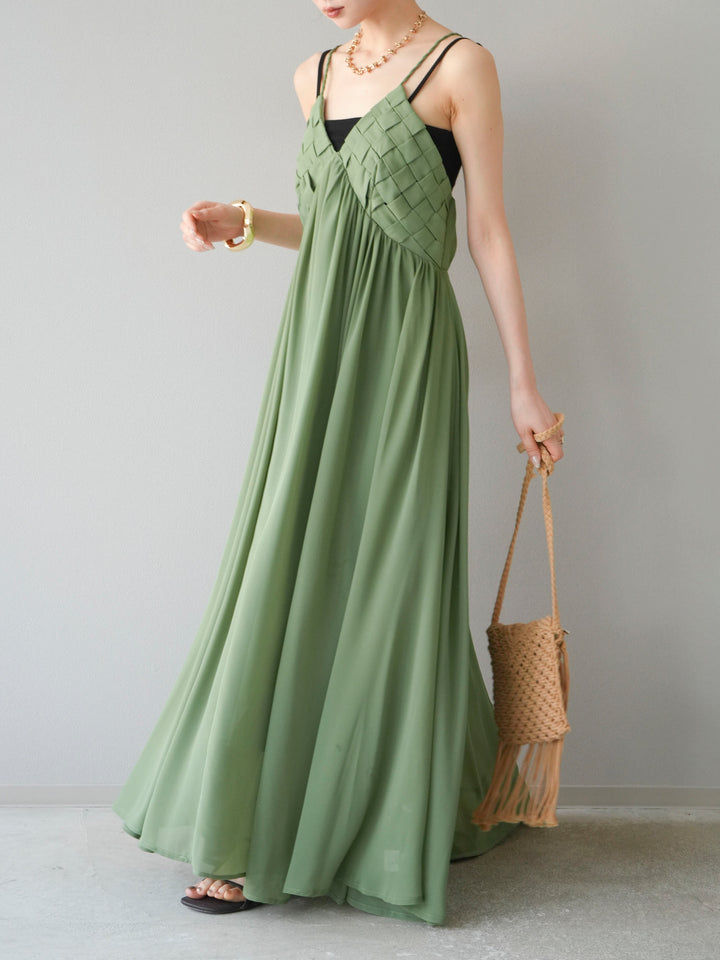 [SET]編み込みデザインシフォンワンピース+カップ付テレコリブベアキャミソール(2set)