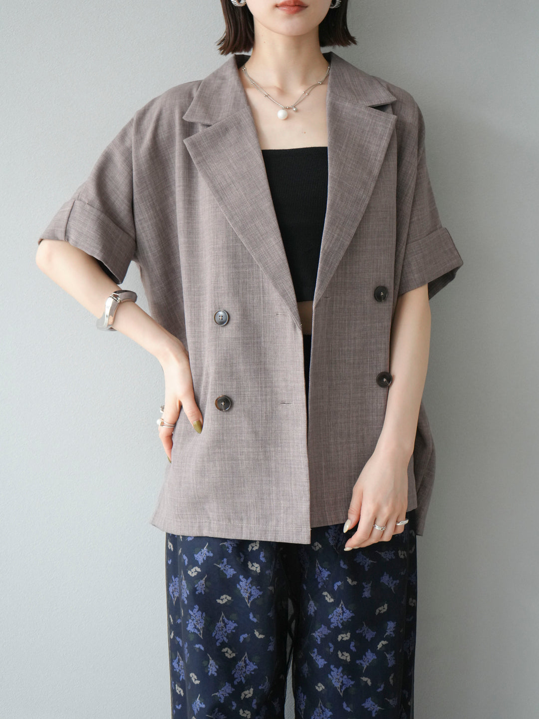 [SET]リネンライクハーフテーラードジャケット+コード刺繍チュールレイヤードパンツ(2set)