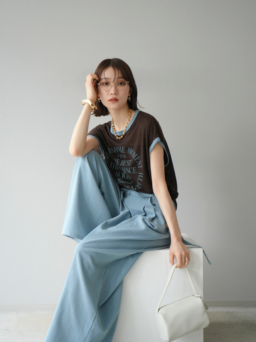 [SET]ストリングデザインハイウエストサロペット+シアーフライス ロゴプリントT (2set)