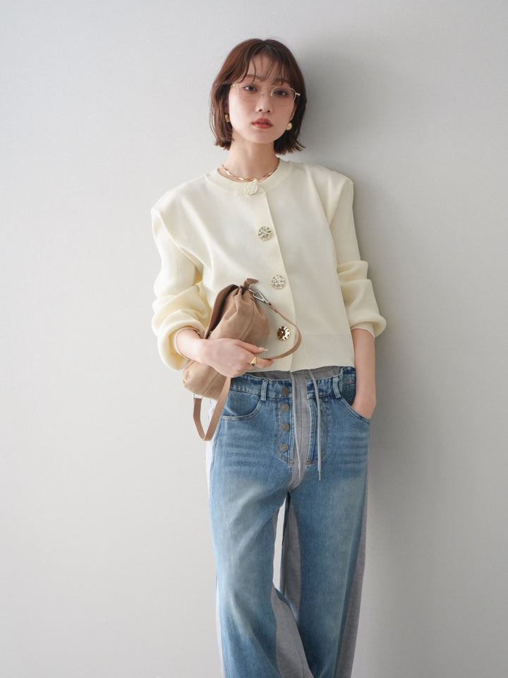 [SET]メタルボタンクルーネックニットカーディガン+デニム切替スウェットパンツ(2set)