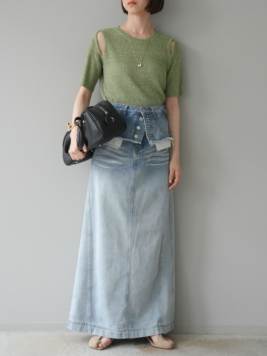 [予約]MIXニットショルダースリットプルオーバー/グリーン