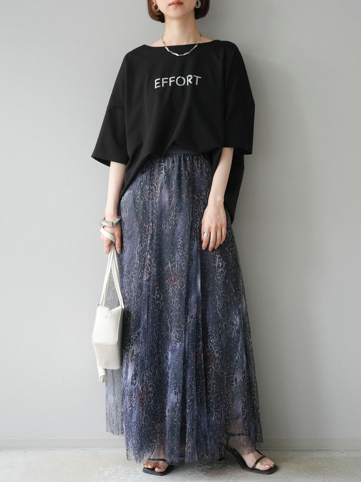 [予約]異素材メタリックロゴ刺繍×プリントTシャツ/ブラック