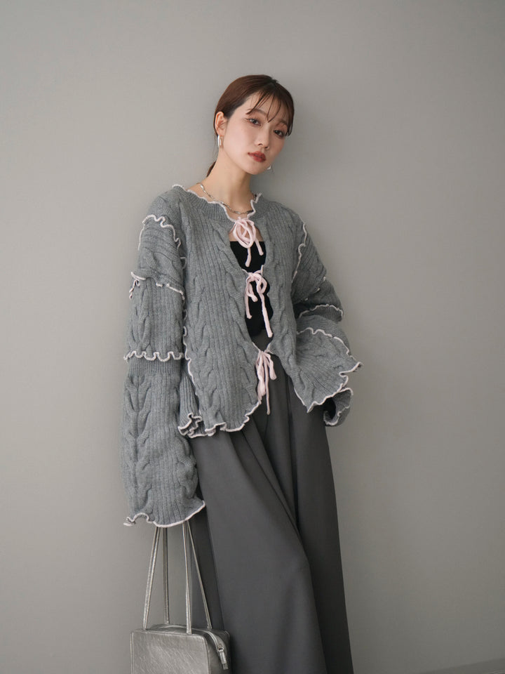 [SET]フロントリボン配色メローニットカーディガン+フロントリボン配色メローニットカーディガン(2set)