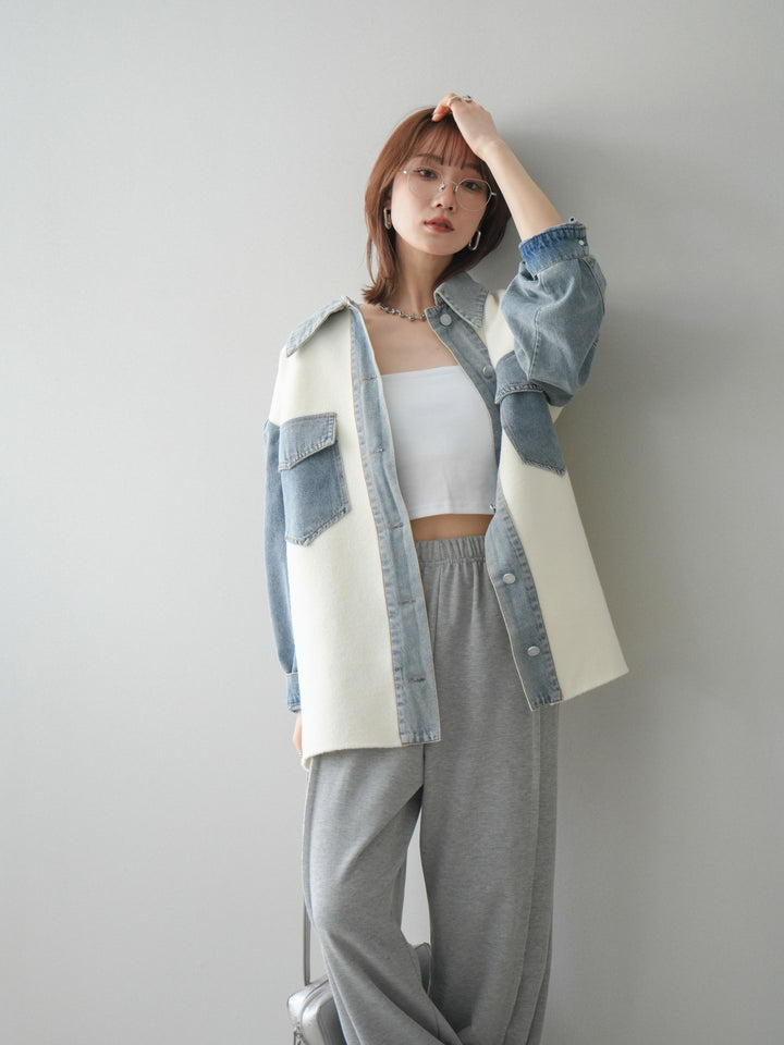 [予約]デニム襟ダブルフェイスニットカーディガン/white