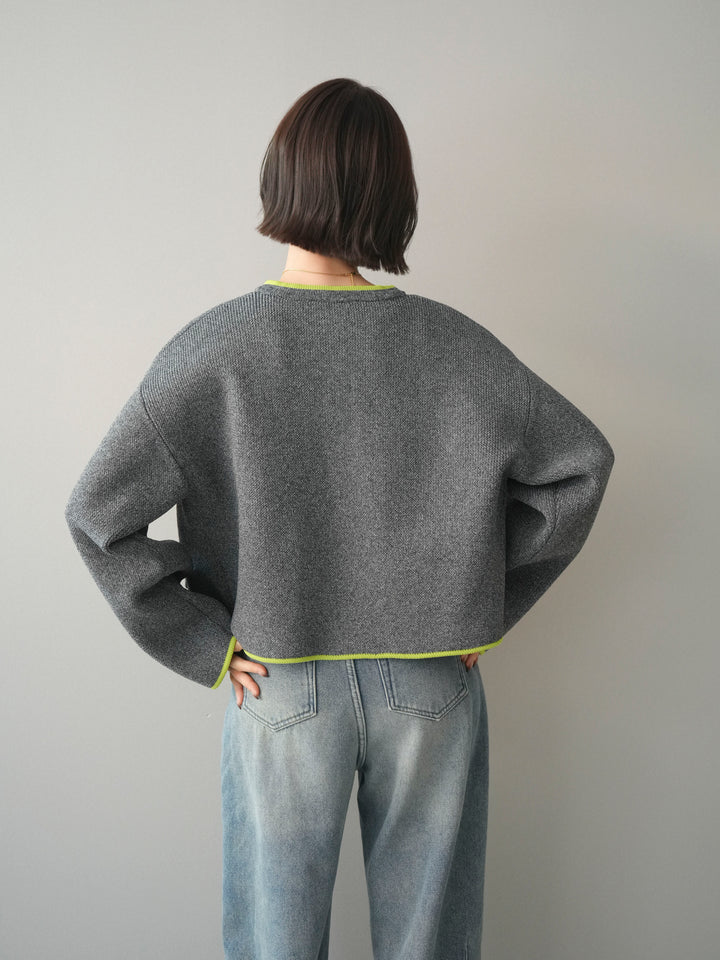 [SET]ポリエステル配色ニットカーディガン+裏起毛カットオフカーブデニムパンツ(2set)