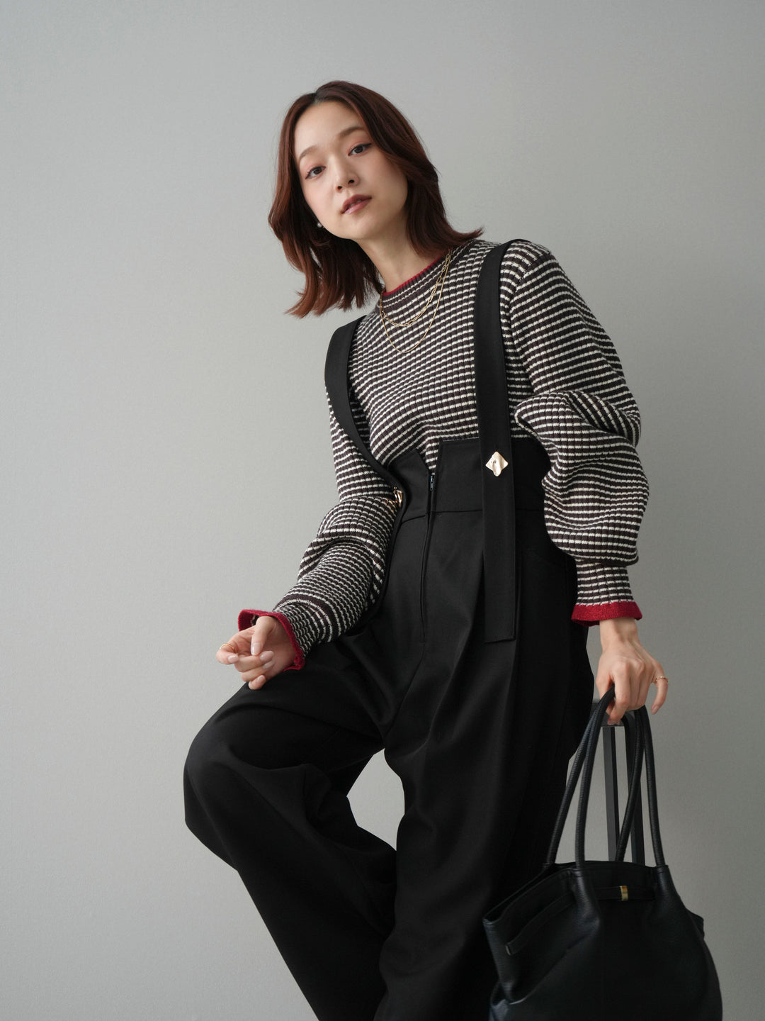 [SET]ラメ異素材ボーダーリブニットプルオーバー+ゴールドボタンサスペンダーワイドパンツ(2set)