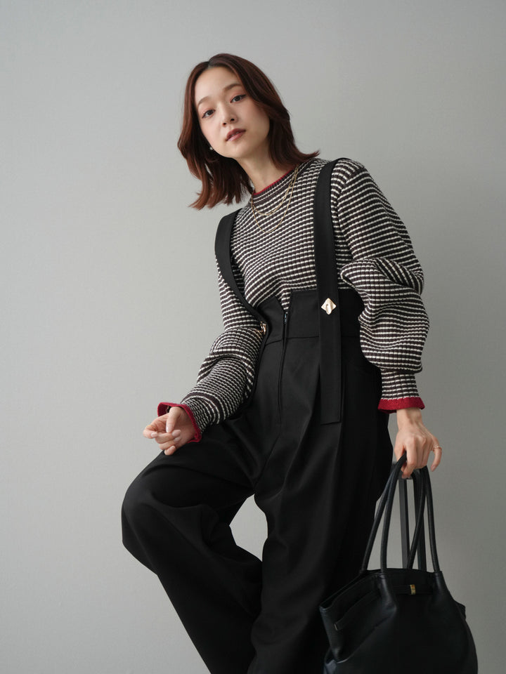 [SET]ラメ異素材ボーダーリブニットプルオーバー+ゴールドボタンサスペンダーワイドパンツ(2set)