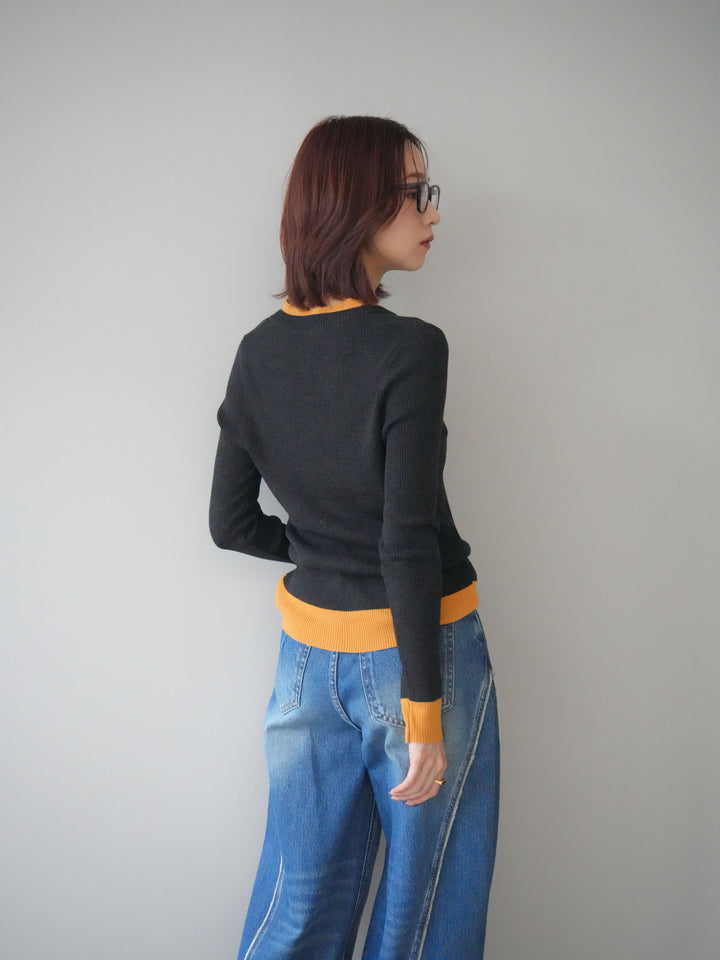 [SET]Uネック配色レイヤードリブニットトップス+サイドフリンジワイドデニムパンツ(2set)