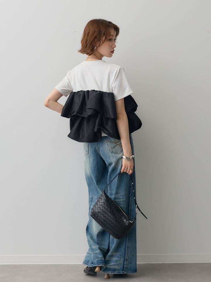 [SET]フリルティアードTEE+縦ウォッシュワイドデニムパンツ(2set)