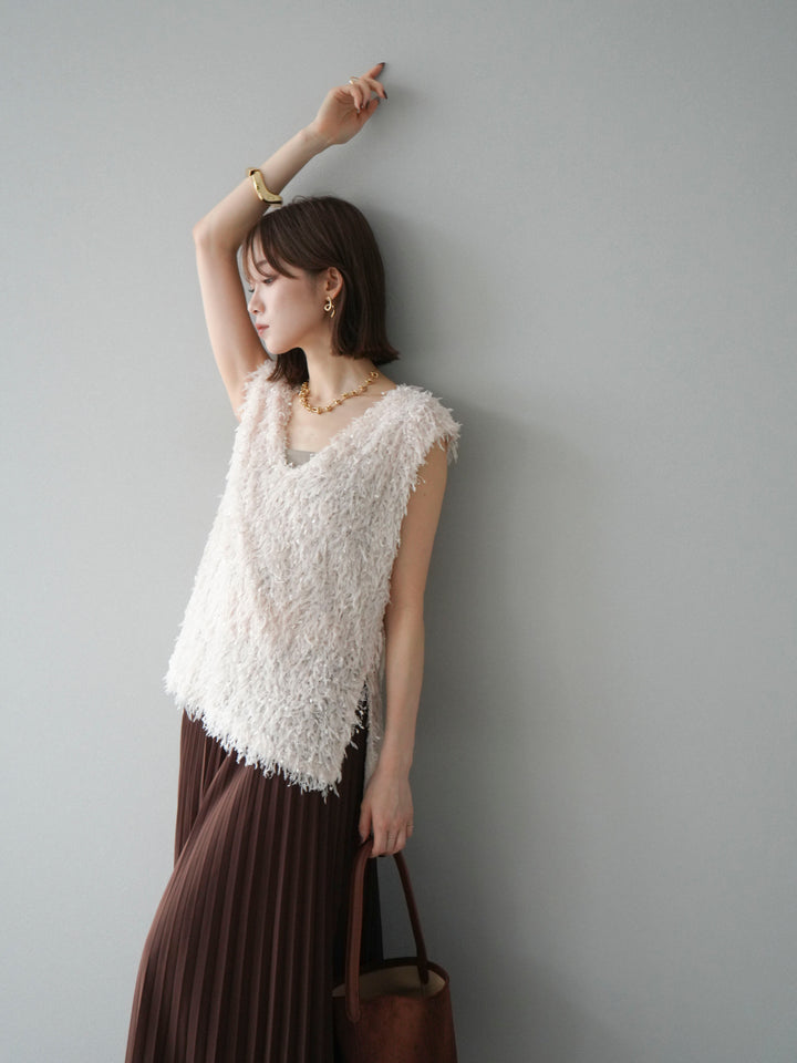 【預訂】流蘇V領背心/象牙色