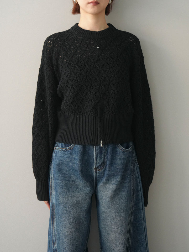 [予約]透かし編みフロントジップスリットニットプルオーバー/black