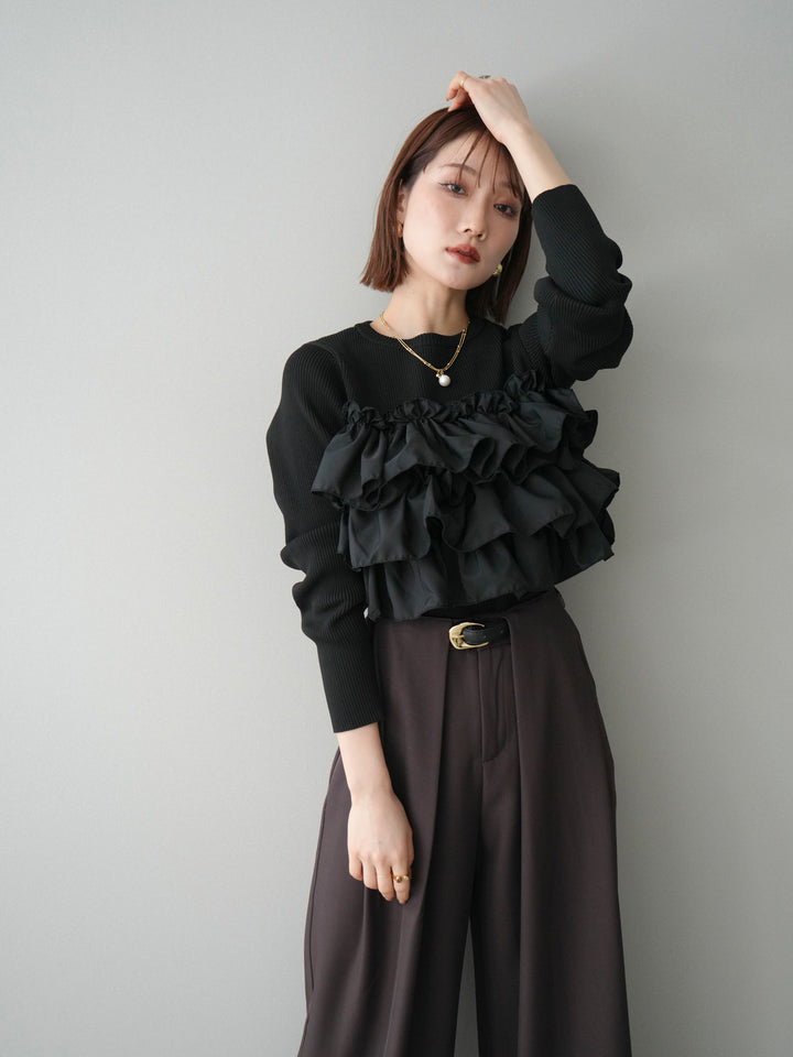 [予約]フリルビスチェドッキングスポンジニットプルオーバー/black