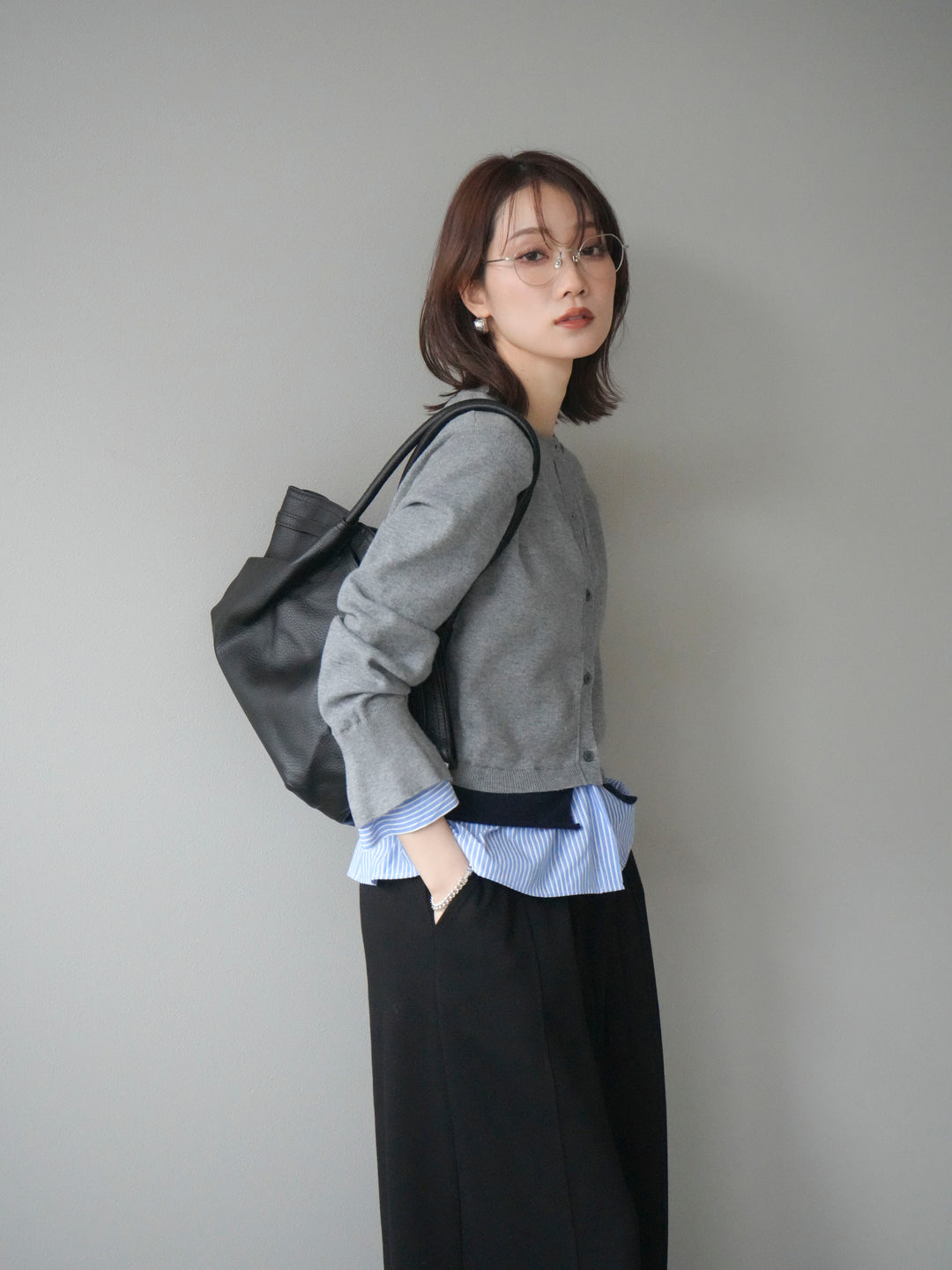 [予約]シャツ襟レイヤードニットカーディガン/gray