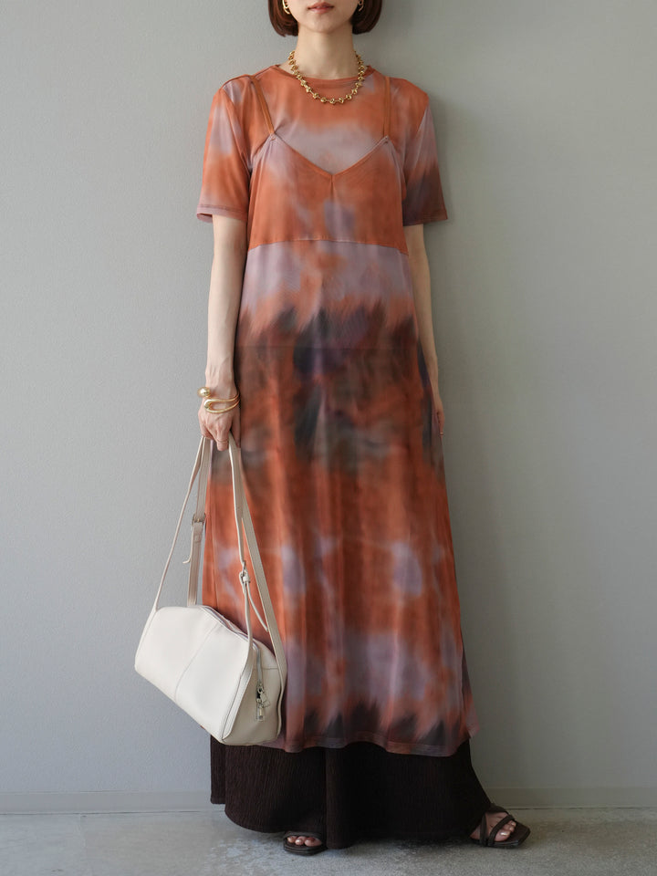 [予約タイダイ柄シアーキャミワンピース/オレンジ