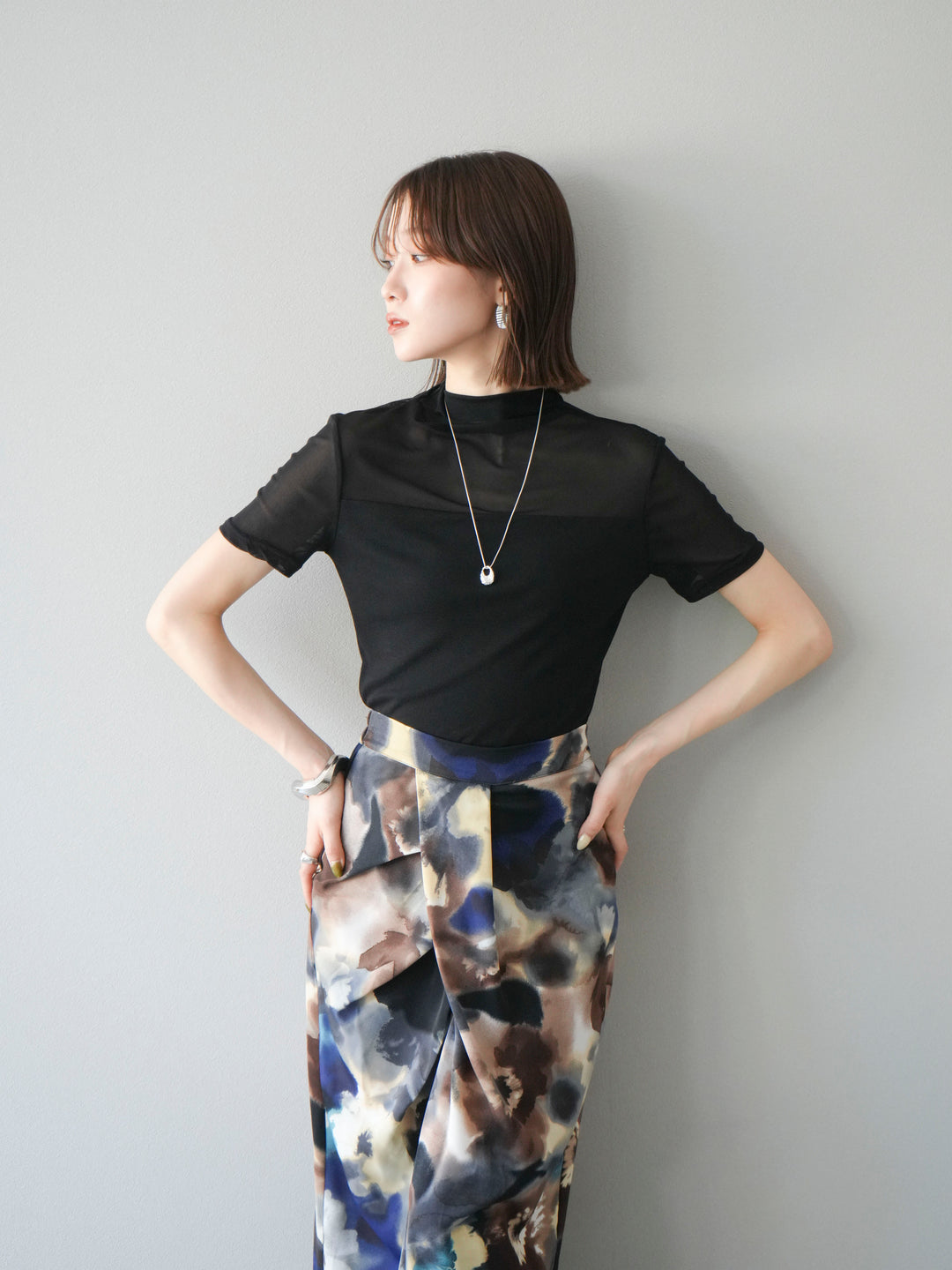 [SET] 透視半袖上衣 + 水彩印花褶襉I字裙 (2set)