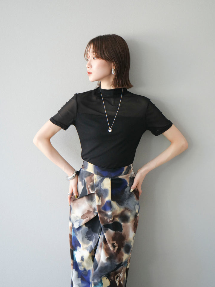 [SET] 透視半袖上衣 + 水彩印花褶襉I字裙 (2set)