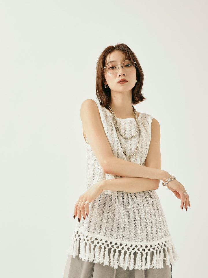 [予約]フリンジ透かし編みニットベスト/ホワイト