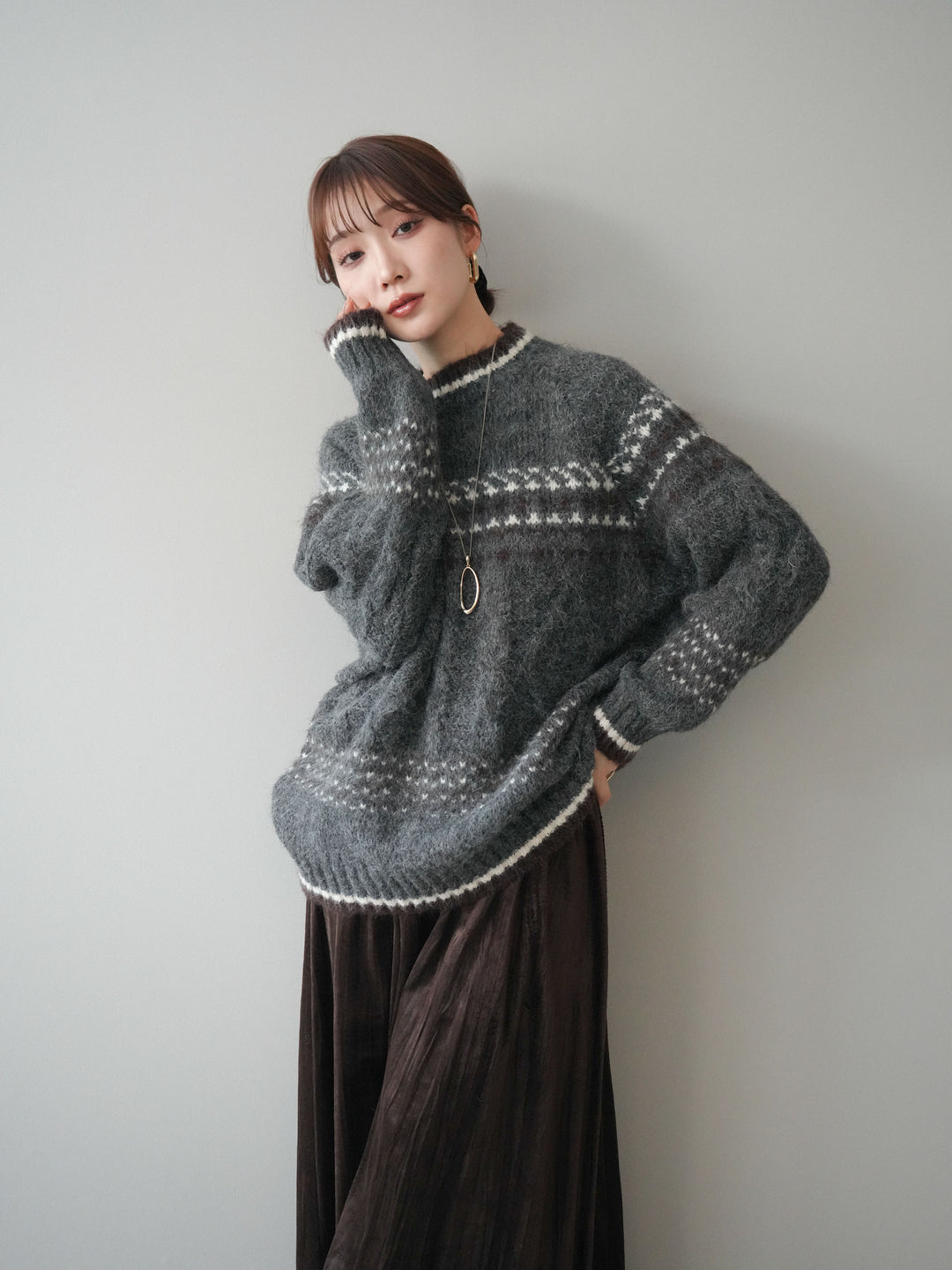 [予約]裾配色ノルディック柄ニットプルオーバー/gray