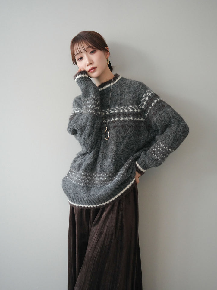[予約]裾配色ノルディック柄ニットプルオーバー/gray