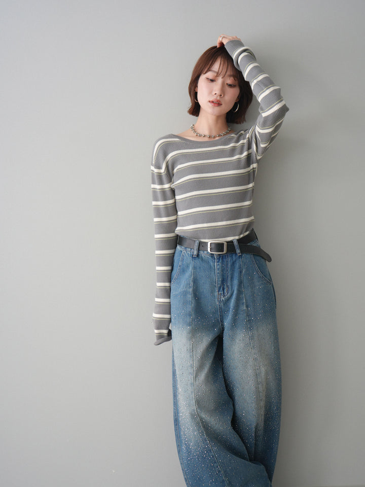 [予約]バックオープンテレコリブマルチボーダートップス/gray