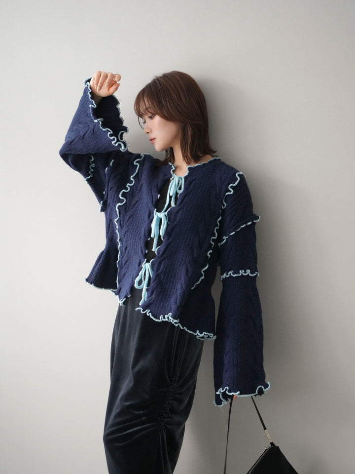 [予約]フロントリボン配色メローニットカーディガン/navy