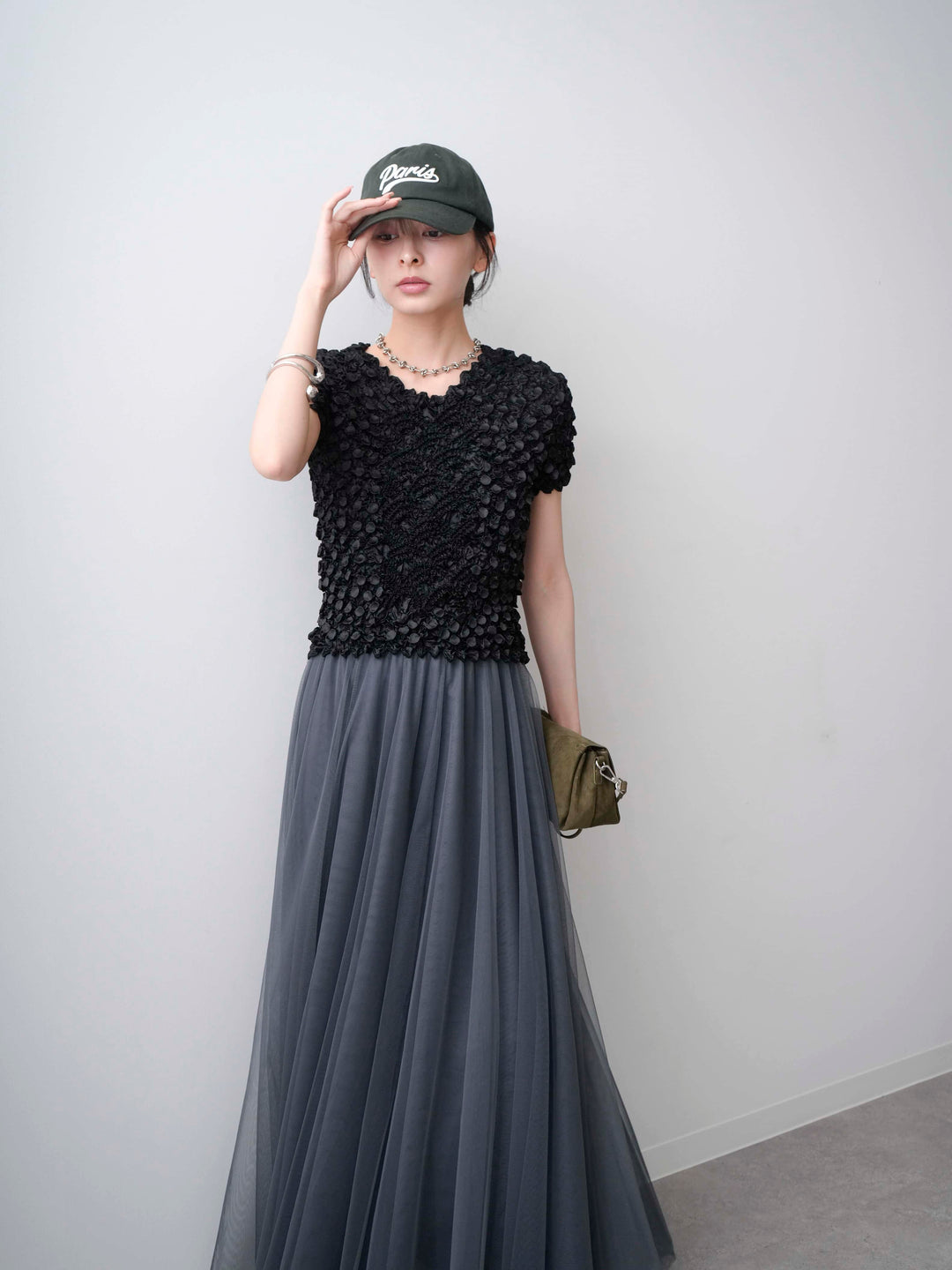 [SET]ドットスモッキングフレンチトップス+チュールボリュームスカート(2set)
