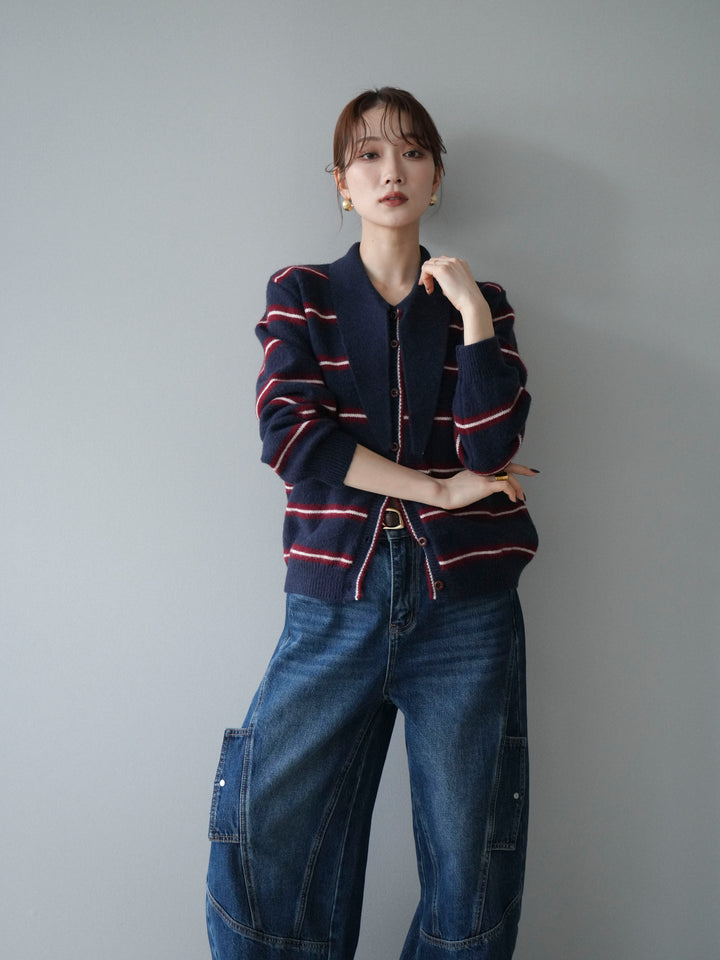 [予約]ボウタイボーダーニットカーディガン/navy