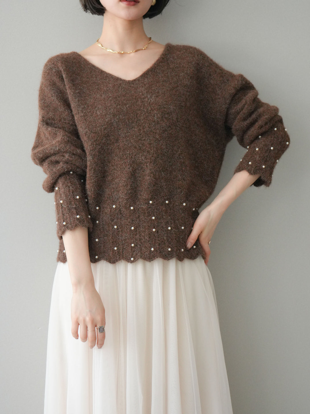 [SET]パールフリルリブヘムニットプルオーバー+選べるアクセセット(2set)