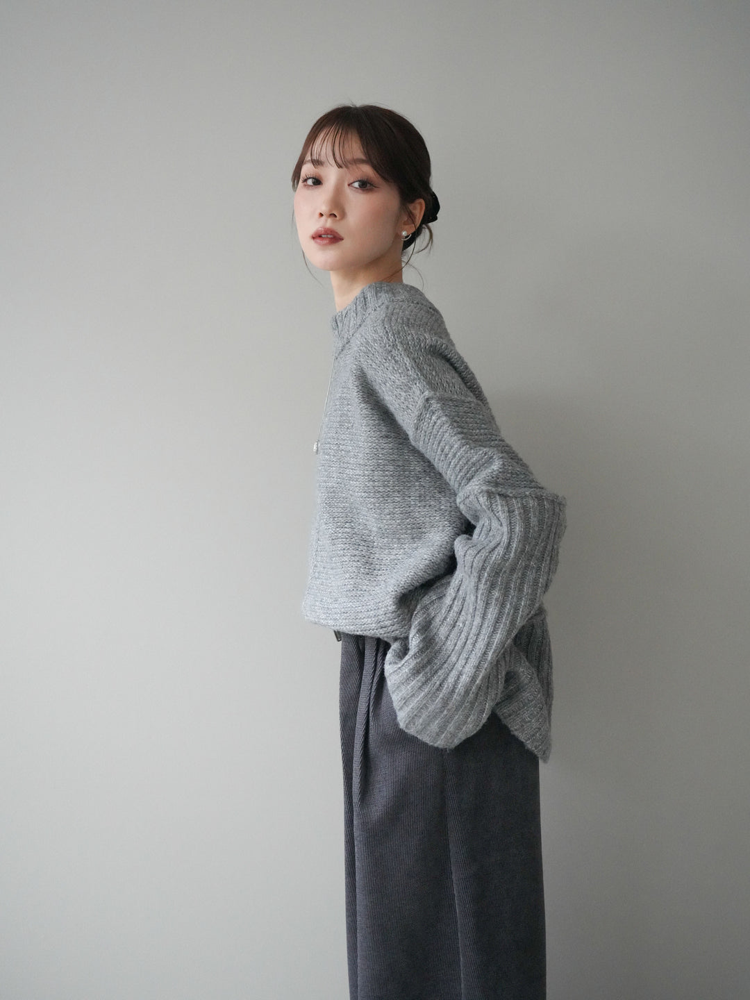 [予約]編み地切替ボトルネックニットプルオーバー/mokugray