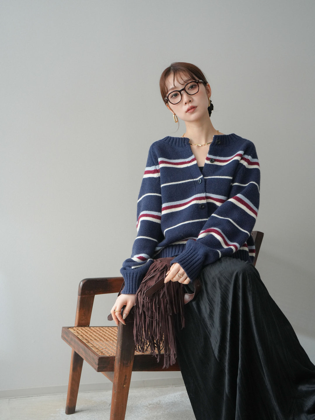 [予約]ランダムボーダーニットカーディガン/navy