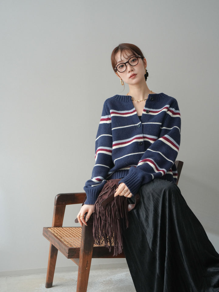 [予約]ランダムボーダーニットカーディガン/navy