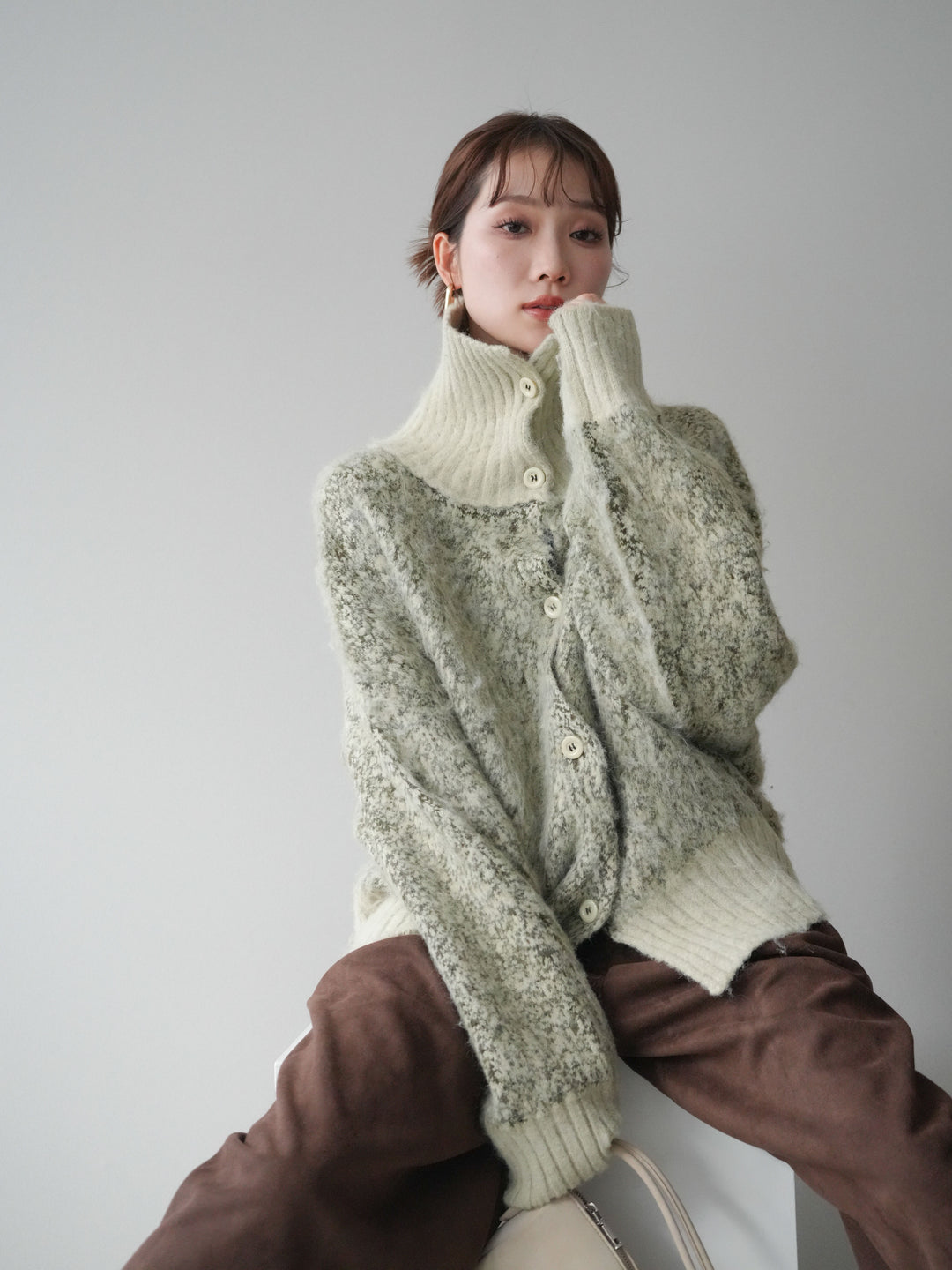 [予約]リブ切替メランジニットカーディガン/green