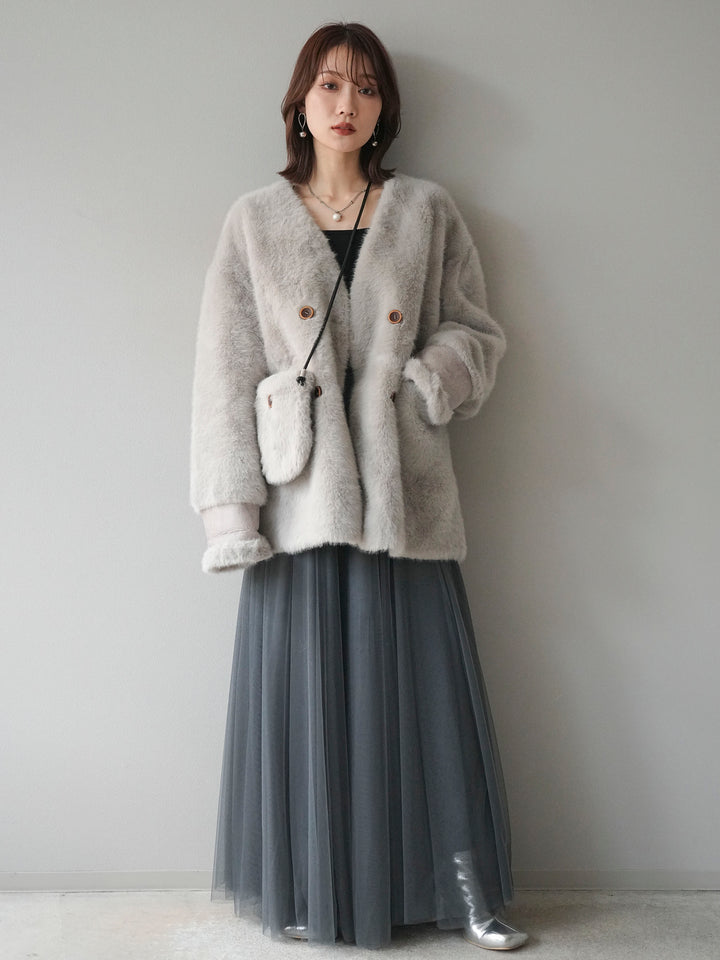 [SET]バッグ付エコファーノーカラーコート+チュールボリュームスカート(2set)