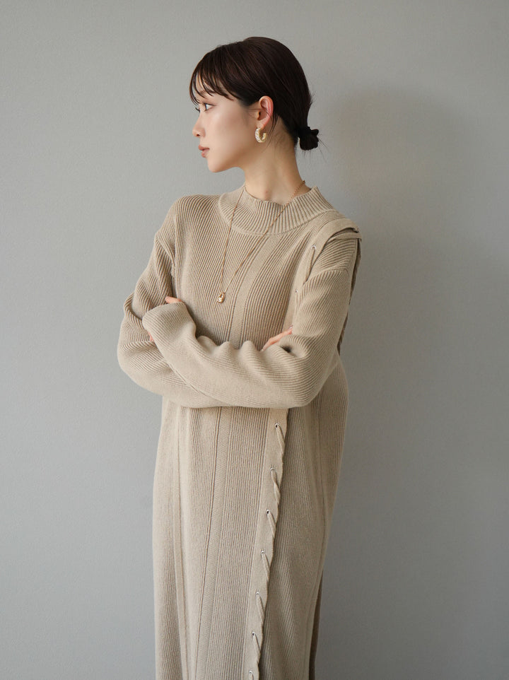 [SET] 不對稱繫帶高領針織連身裙 + 可選飾品套裝 (2套)