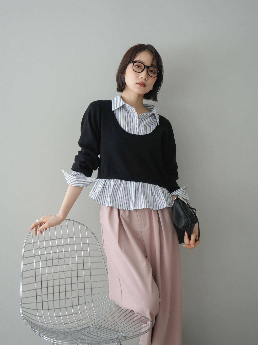 [予約]ストライプシャツUネックドッキングニットプルオーバー/blackoffstripe