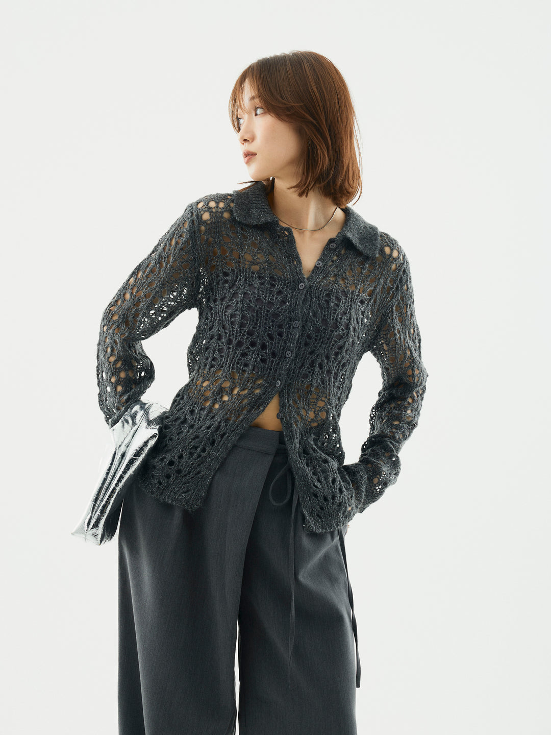 【Allure】[SET]ローゲージ透かし編みポロニッカーディガン+ローゲージ透かし編みポロニッカーディガン(2set)