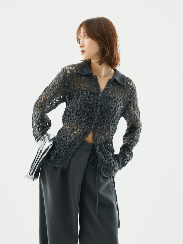 【Allure】[SET]ローゲージ透かし編みポロニッカーディガン+ローゲージ透かし編みポロニッカーディガン(2set)