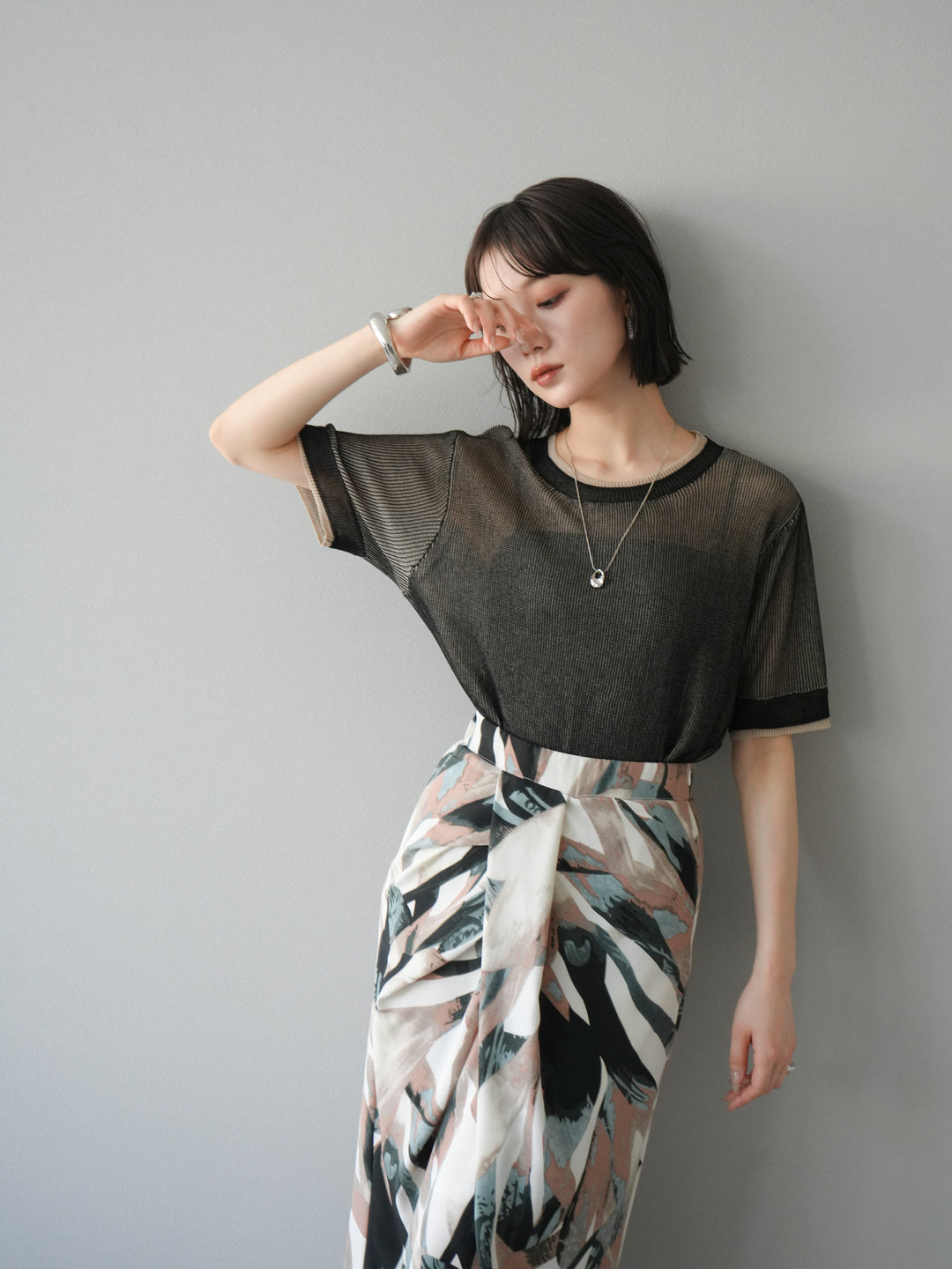 [SET]リネンタッチ配色二重臼ハーフニットトップス+選べるアソート柄スカートセット(2set)