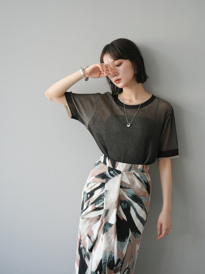 [SET]リネンタッチ配色二重臼ハーフニットトップス+選べるアソート柄スカートセット(2set)