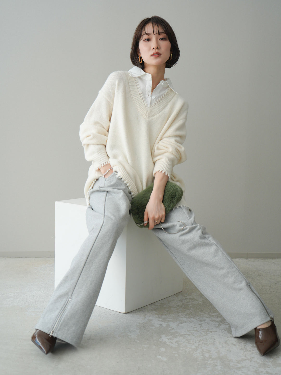 [SET]シャツドッキングVネックフリンジニットプルオーバー+選べるアクセセット(2set)